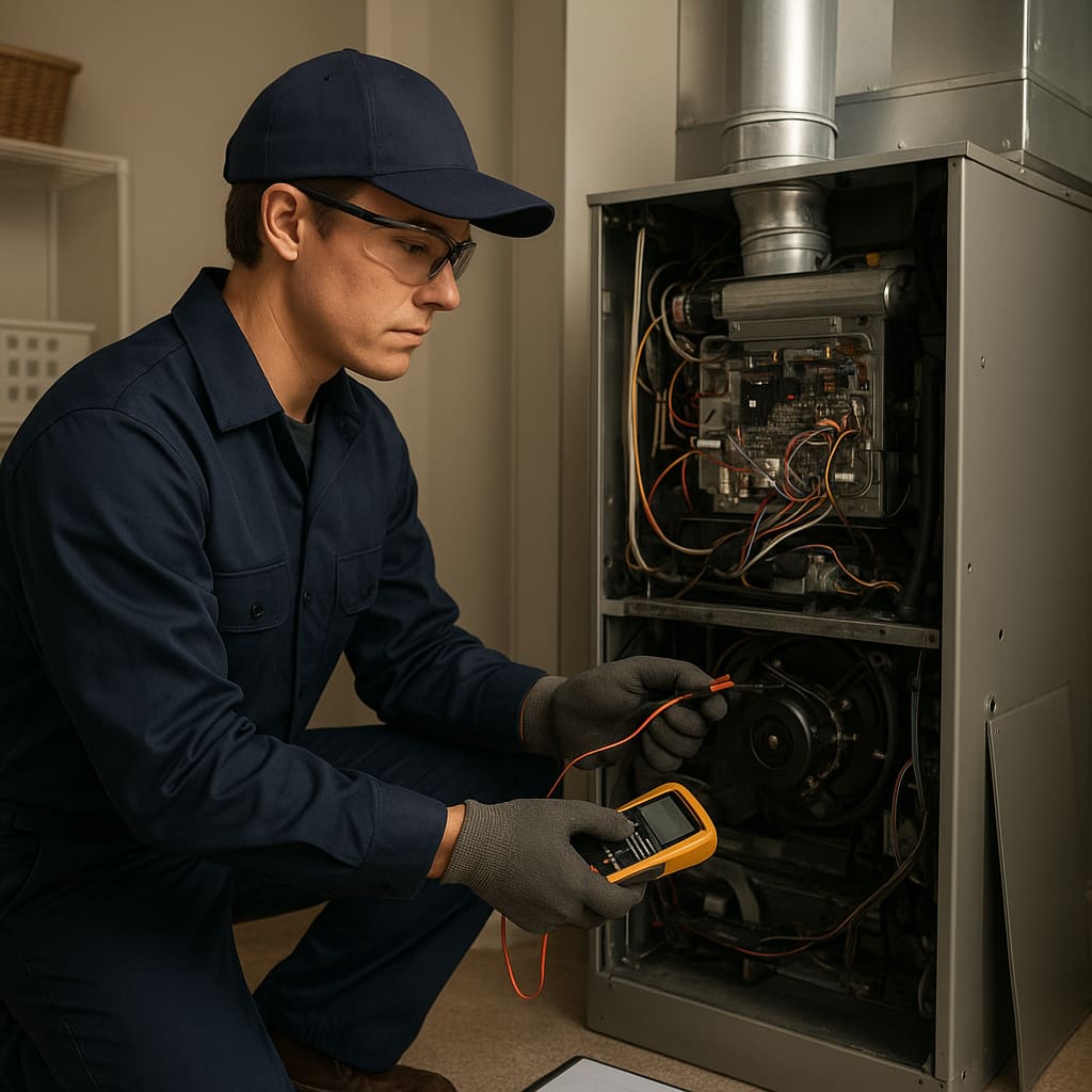 Techniker bei der Prüfung eines Heizungs- und Klimasystems im Wohnbereich